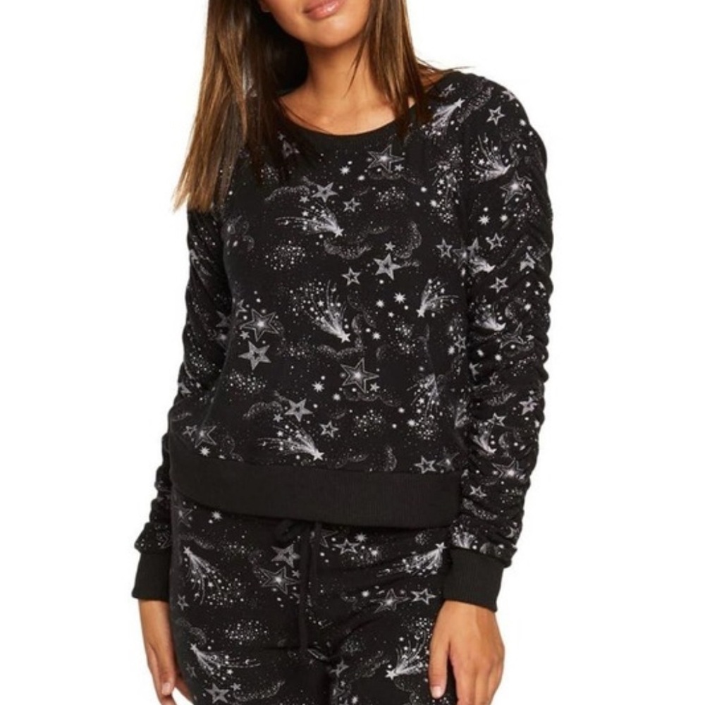 Chaser Shirred Long Sleeve Crewneck Sweatshirt In Mystical Star Print Black
